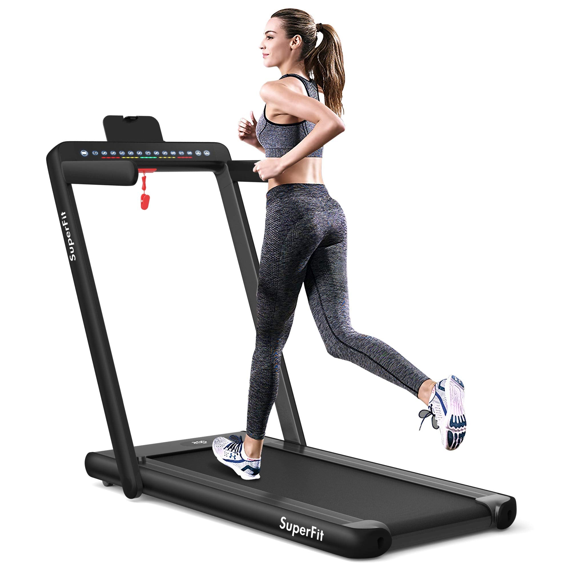 2 in 1 folding treadmill with dual display, 2.25hp superfit under desk electric pad