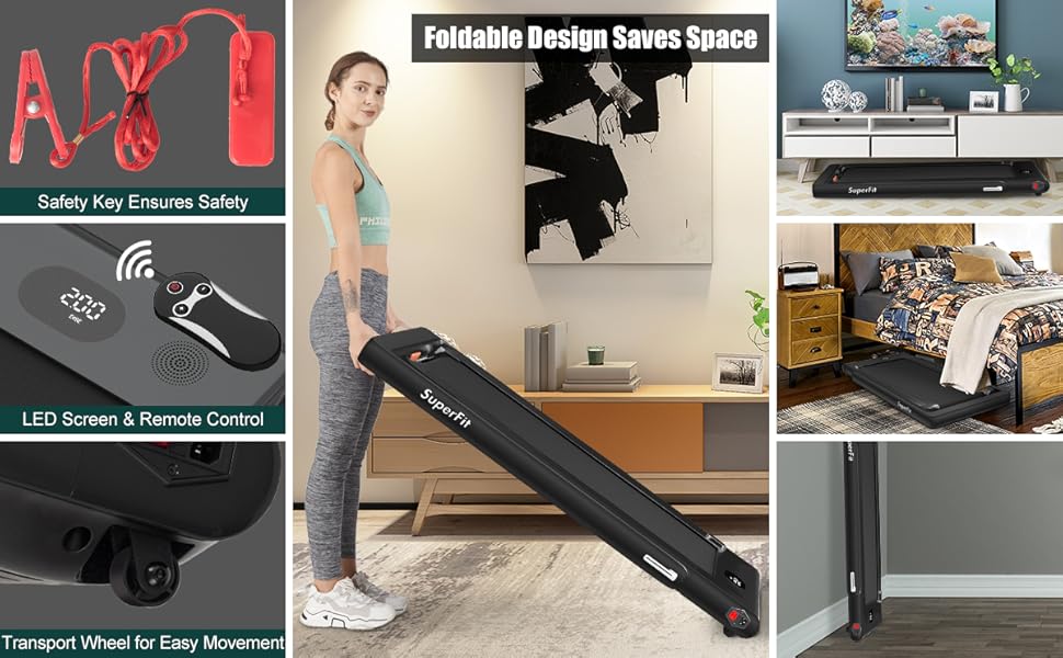 2 in 1 Folding Treadmill with Dual Display, 2.25HP Superfit Under Desk Electric Pad