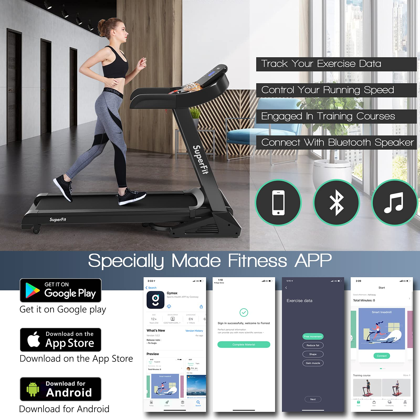 goplus 3.75hp folding treadmill with incline, electric superfit treadmill w/app control, 12 preset & 3 custom programs goplus 3.75hp folding treadmill with incline, electric superfit treadmill w/app control, 12 preset & 3 custom programs