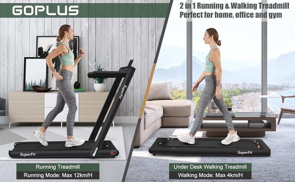 2 in 1 Folding Treadmill with Dual Display, 2.25HP Superfit Under Desk Electric Pad