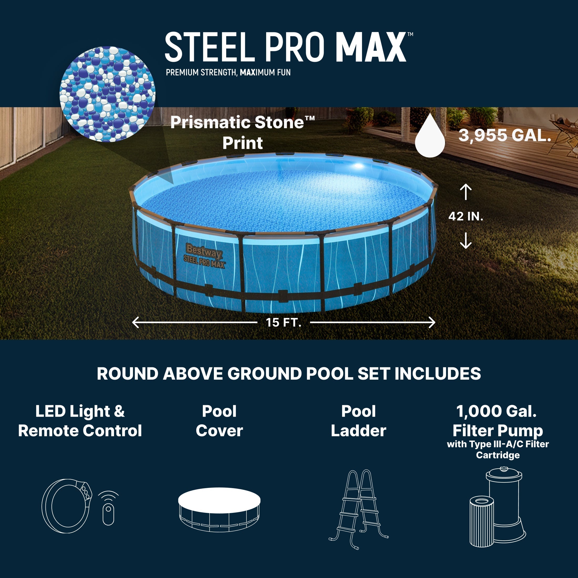 bestway steel pro max 15' x 42" round above ground pool set with led light Bestway Steel Pro MAX 15' x 42" Round Above Ground Pool Set with LED Light image 2