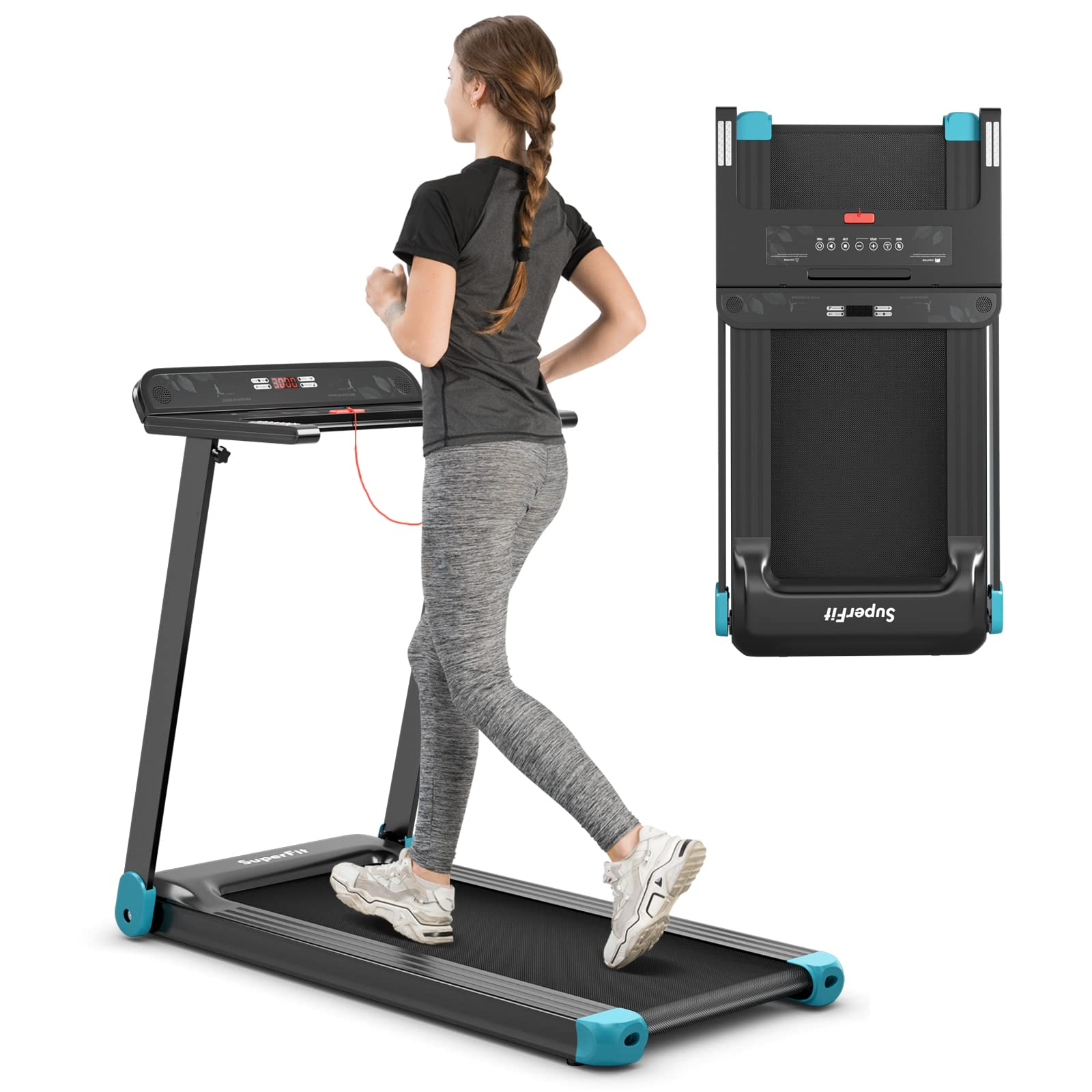 goplus folding treadmill, compact superfit treadmill with app control, blue tooth speaker