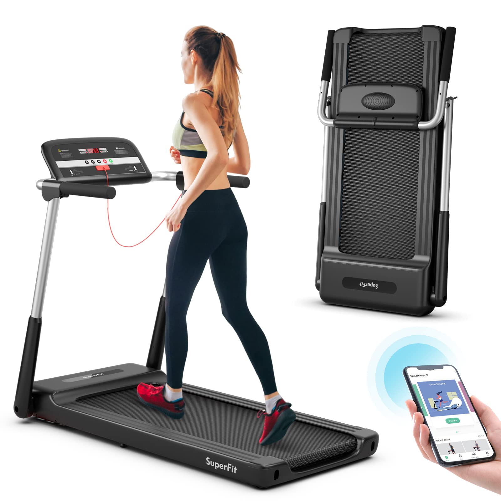 goplus 2.25hp folding treadmill, compact superfit treadmill with led display and app control