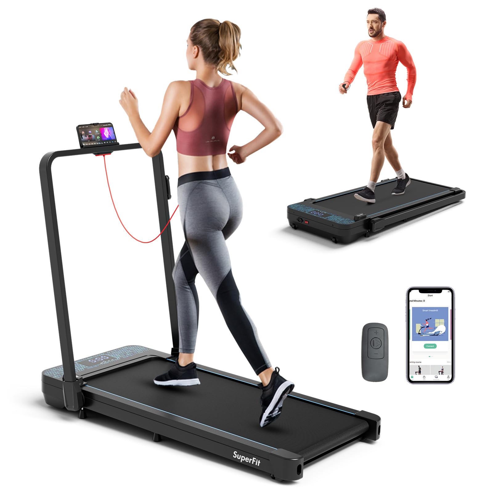 goplus 2 in 1 folding treadmill, 300 lbs capacity walking pad with handle bar, under desk treadmill with remote & app control