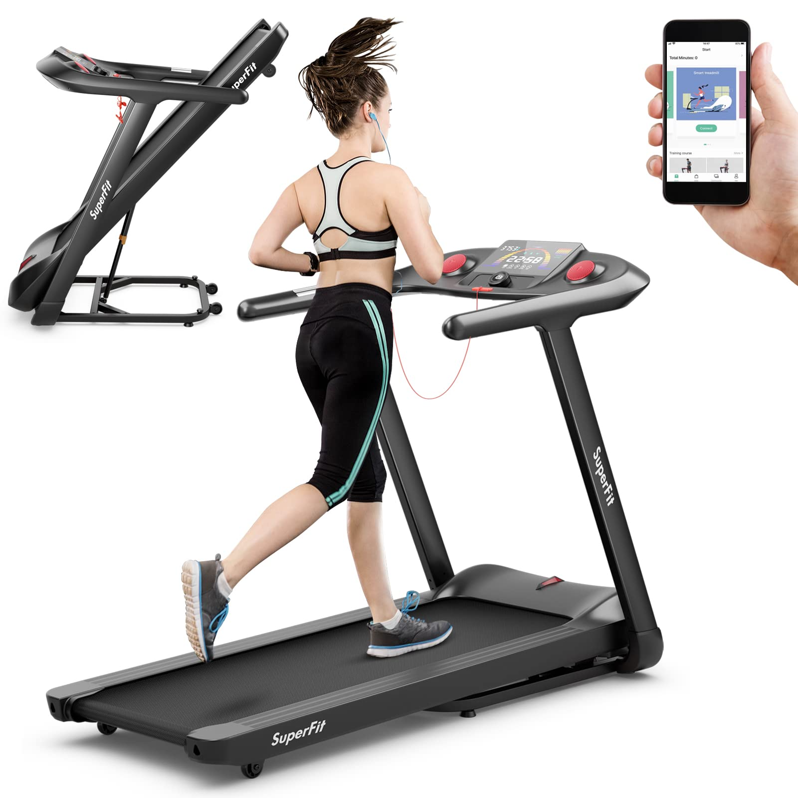 goplus 4.75hp folding treadmill with 15% auto incline, electric superfit treadmill w/voice and app control